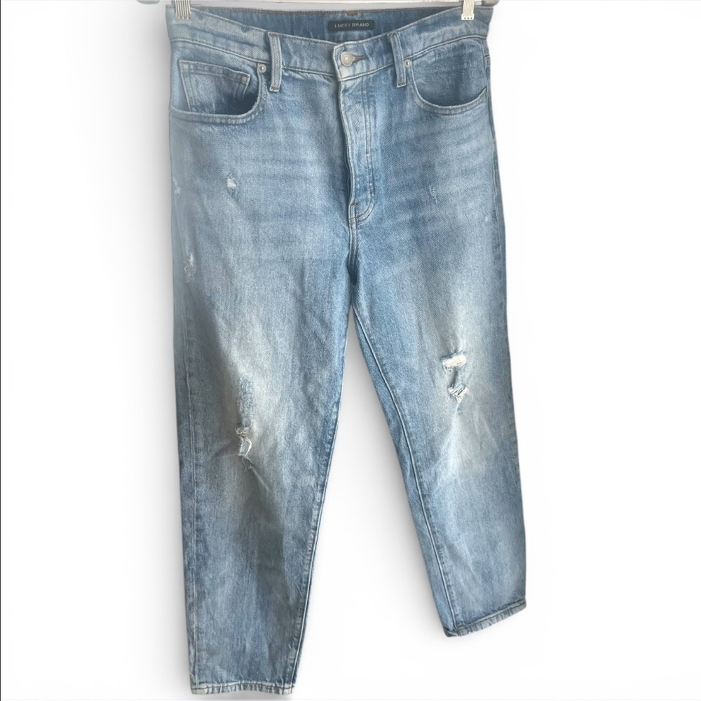 Lucky Brand Distressed Blue Denim High Rise Mom Jeans | straight leg